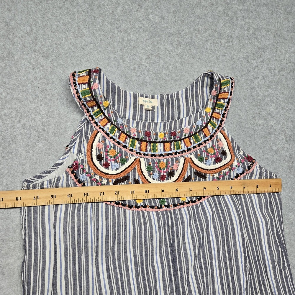 Kyla Seo Dress Womens Small Multicolor Embroidered Boho Stripe Cotton Swing - Picture 9 of 14